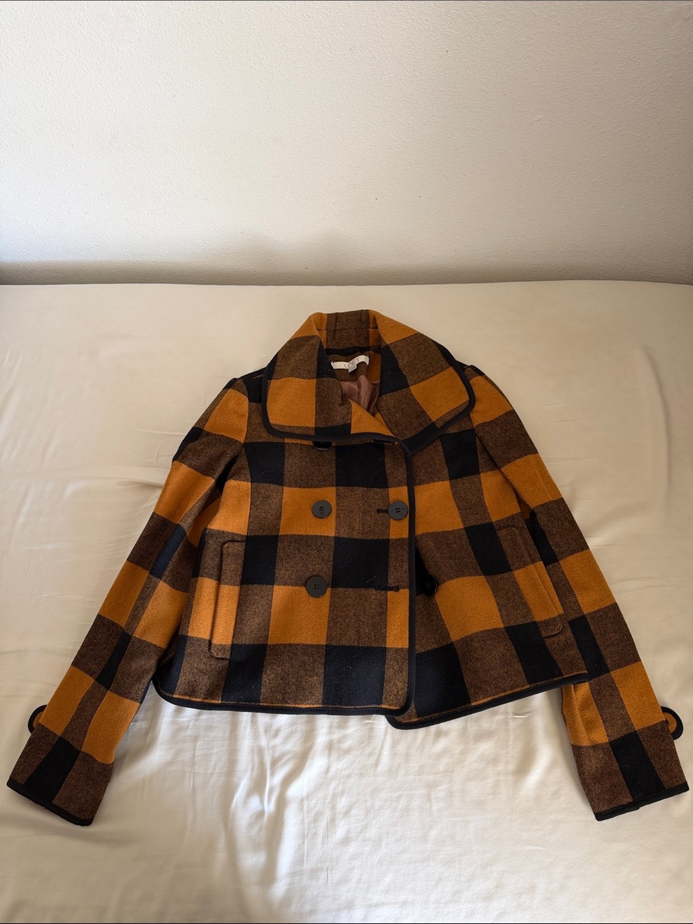 LOFT Mustard and Black Plaid Double-Breasted Peacoat